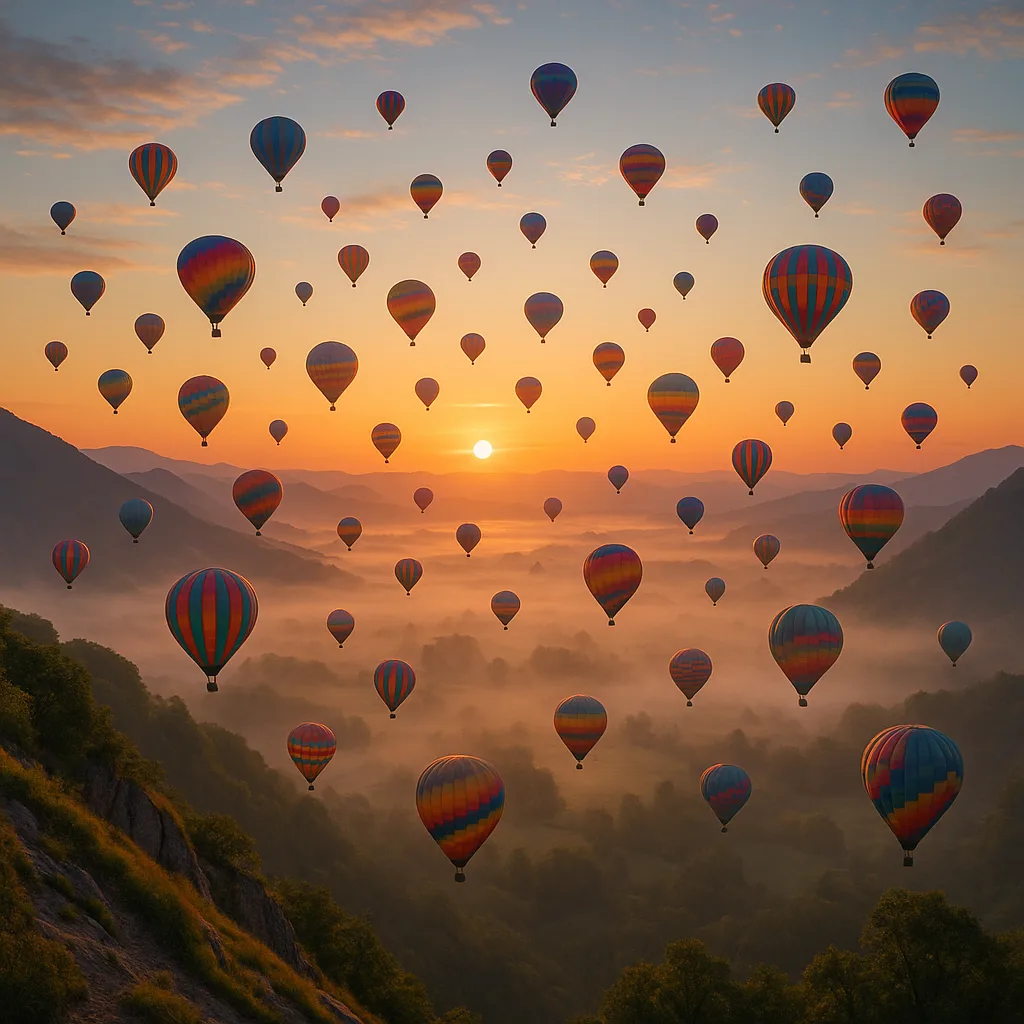 Dozens of Colorful Hot Air Balloons Drift Serenely