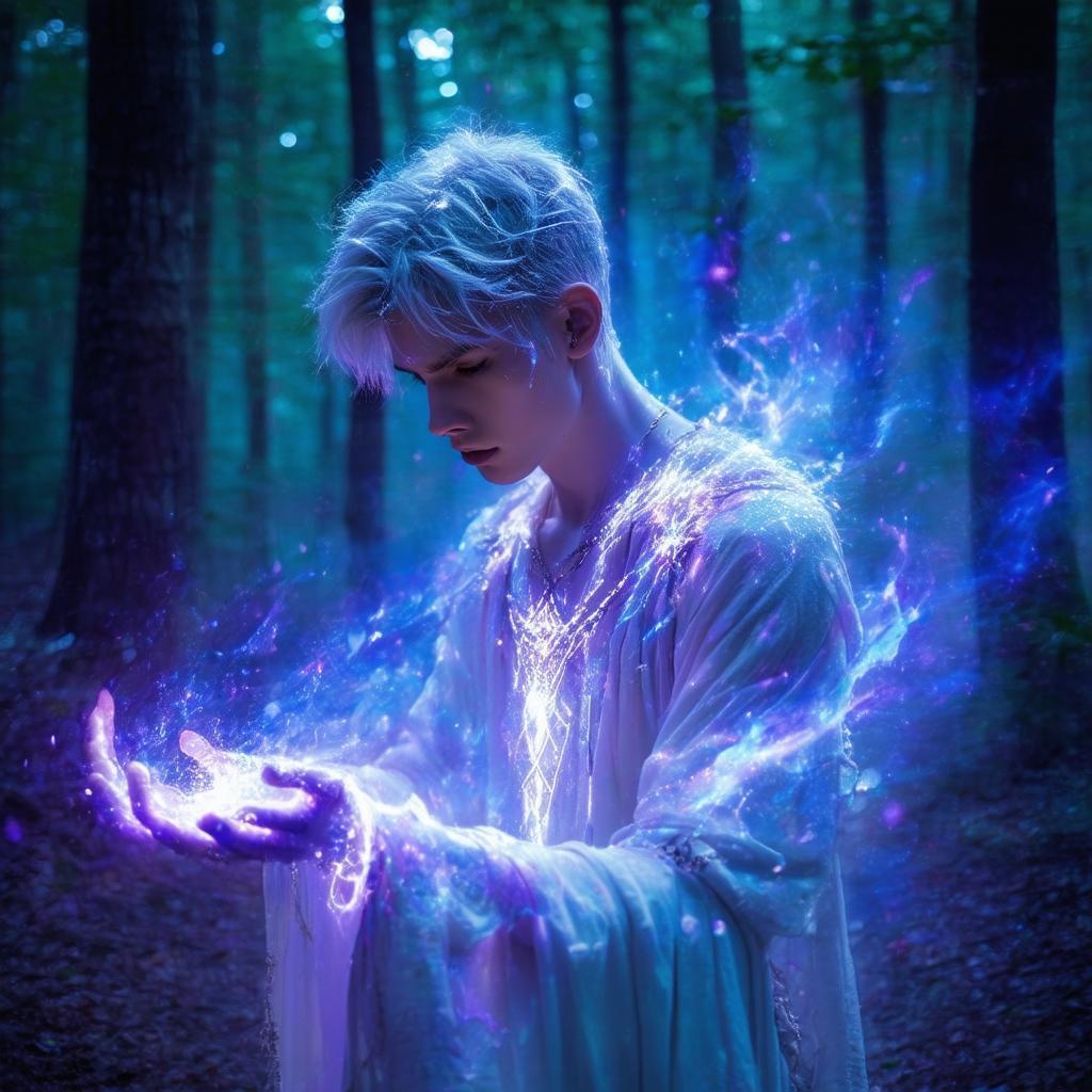 Young Elemental Sorcerer Glowing in Ektachrome Forest