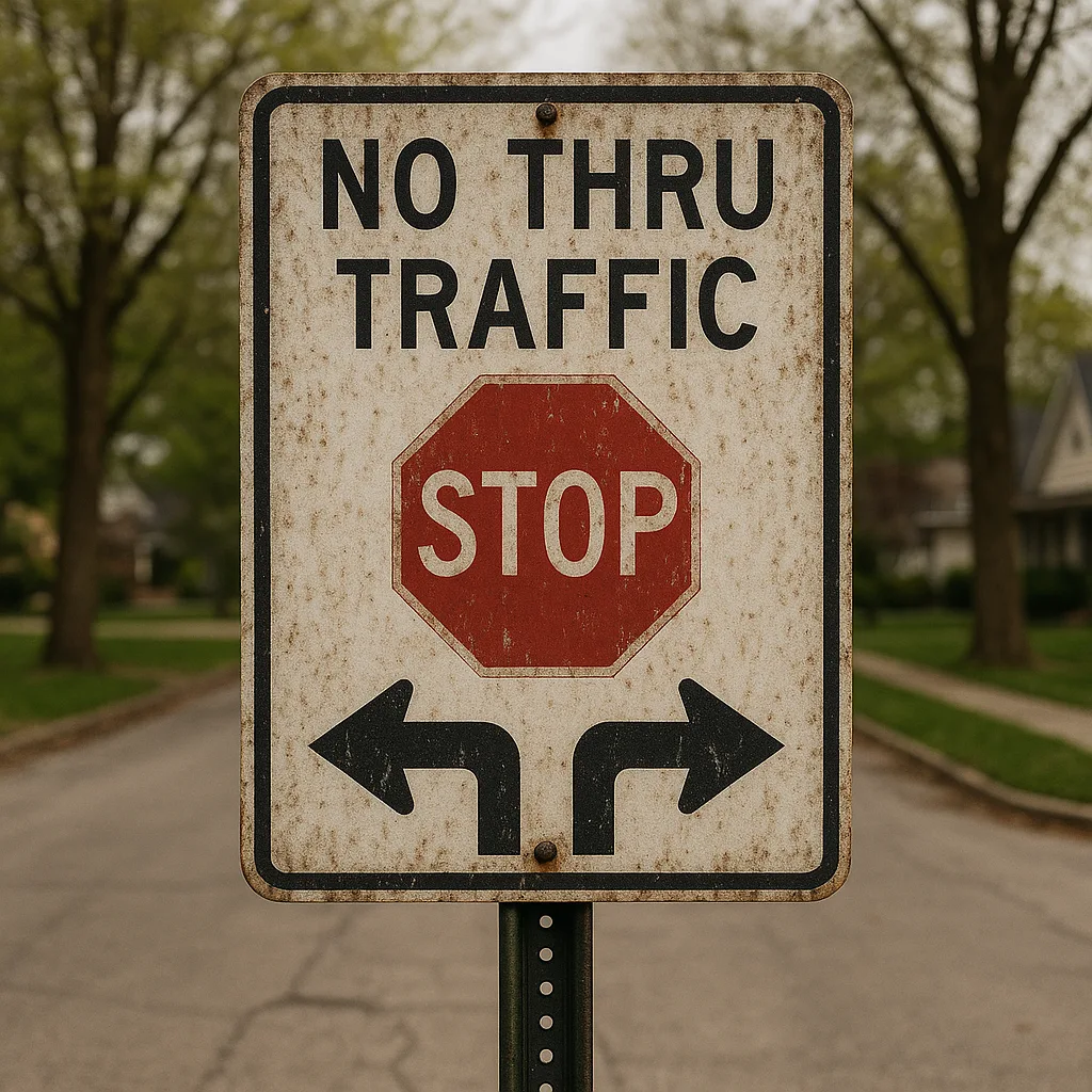 Weathered "No Thru Traffic" Sign with a Red Stop Sign