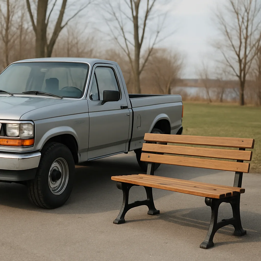 Picture Showing a Bench and a Pickup Truck