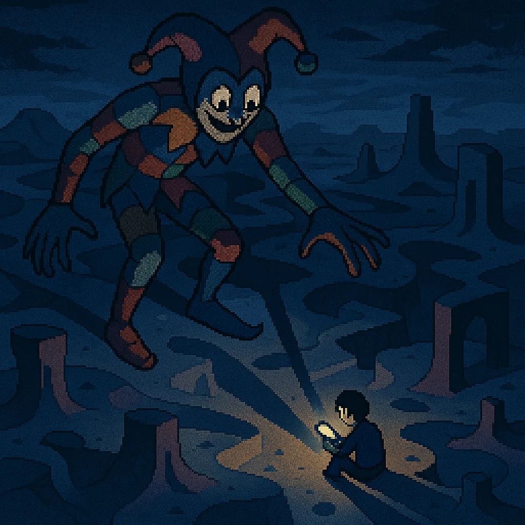 Patchwork Jester Observes a Pixel-art Figure