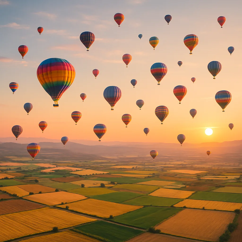 Dozens of Colorful Hot Air Balloons Drift Serenely