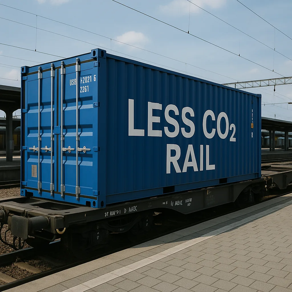 Blue Freight Container on a Train Labeled "LESS CO2 RAIL"