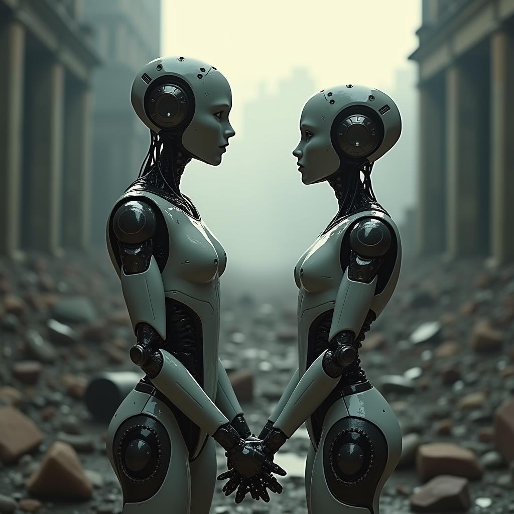 Android Lovers Hold Hands Amid Dystopian Ruins