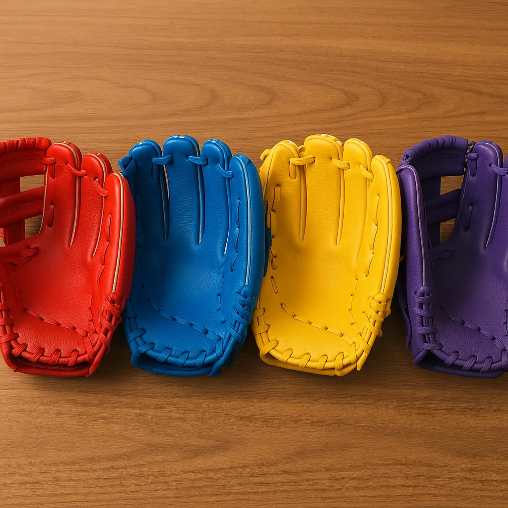 Row of Four Brightly Colored Baseball Gloves