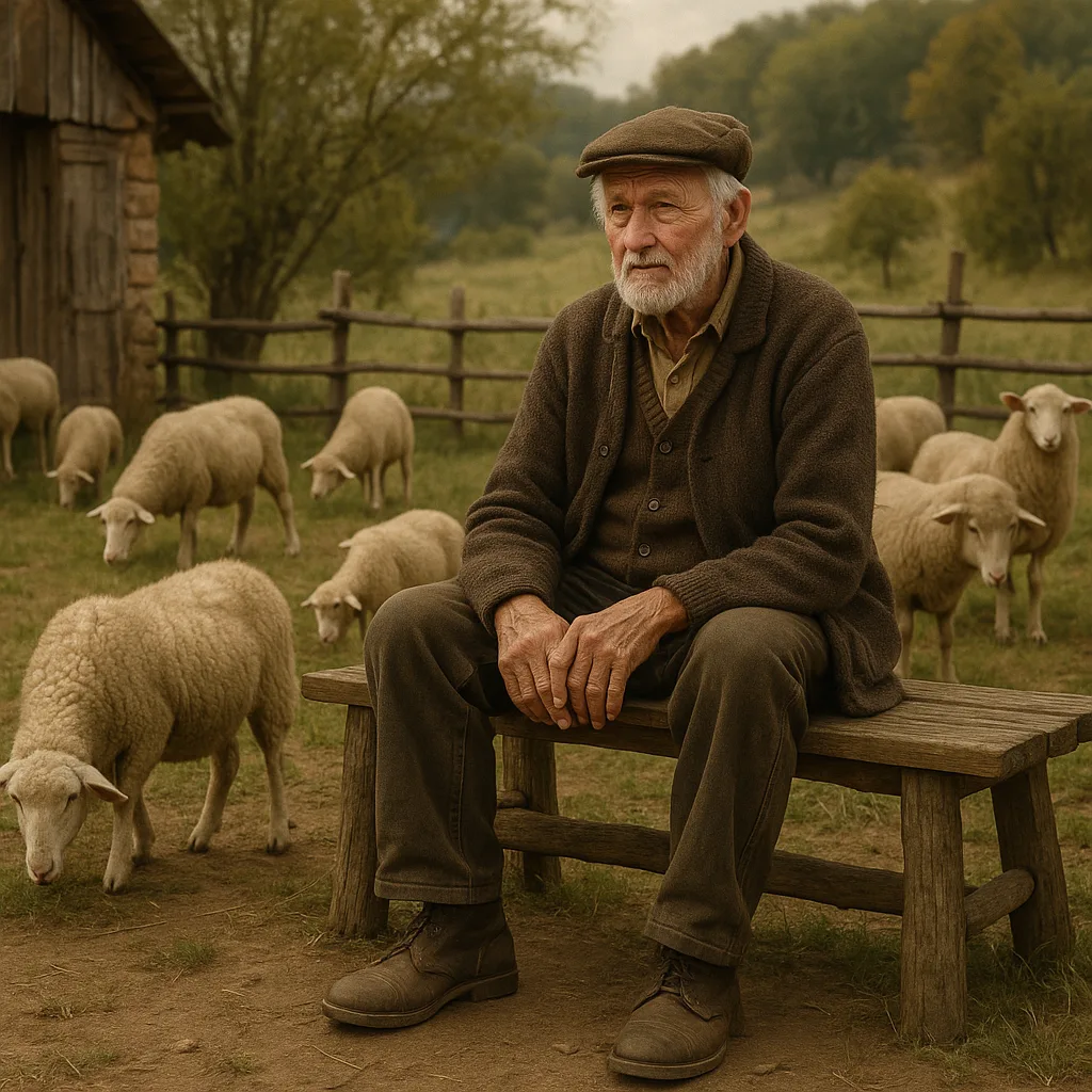 Older Man Sits on a Wooden Bench in a Rustic