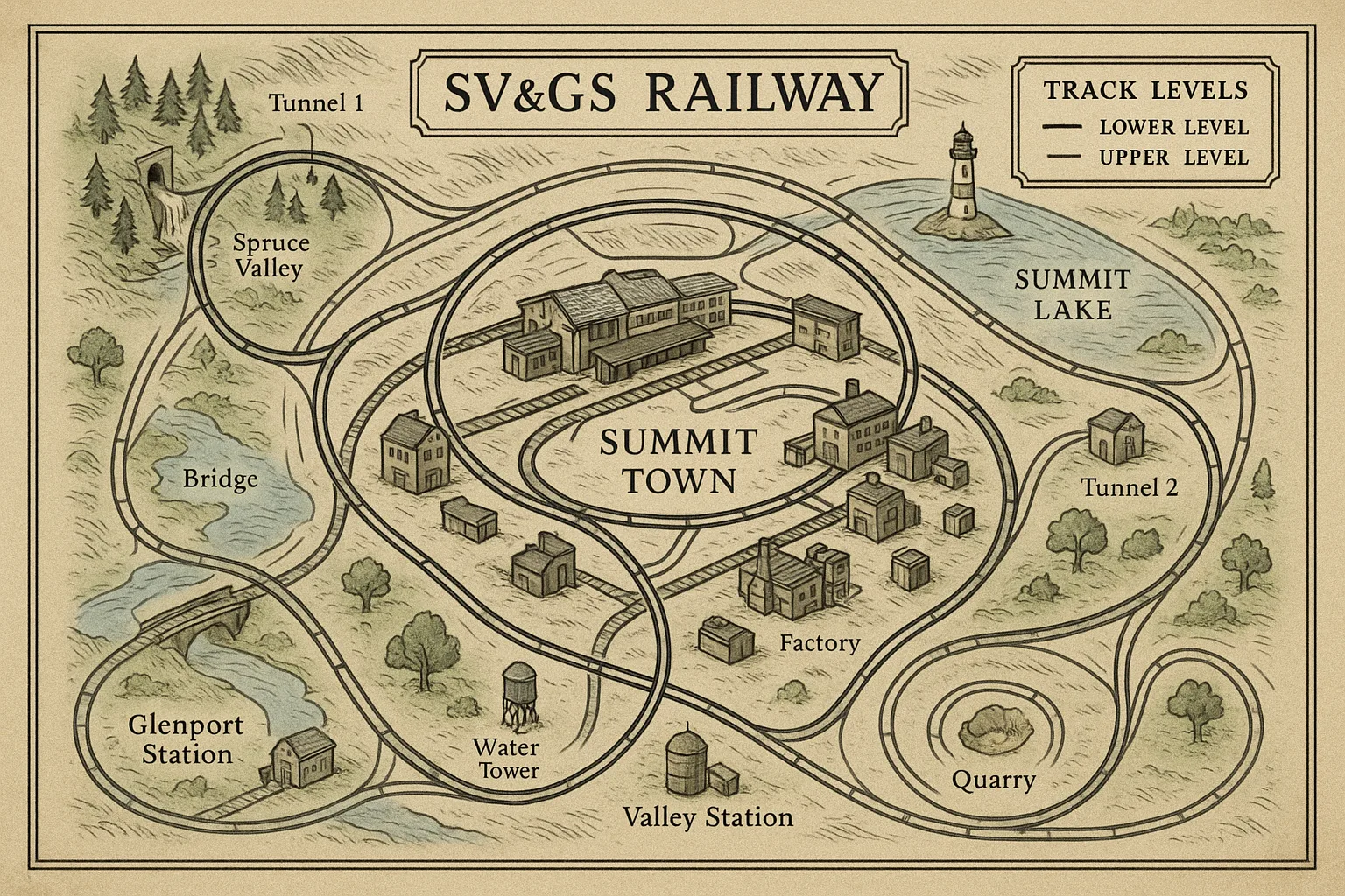 Detailed Layout Map of the SV&GS Railway Featuring Track Levels