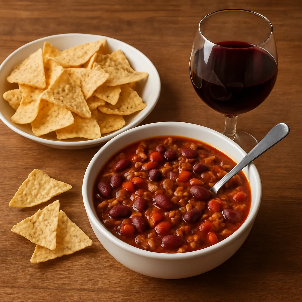 Plate of Tortilla Chips and a Bowl of Chili