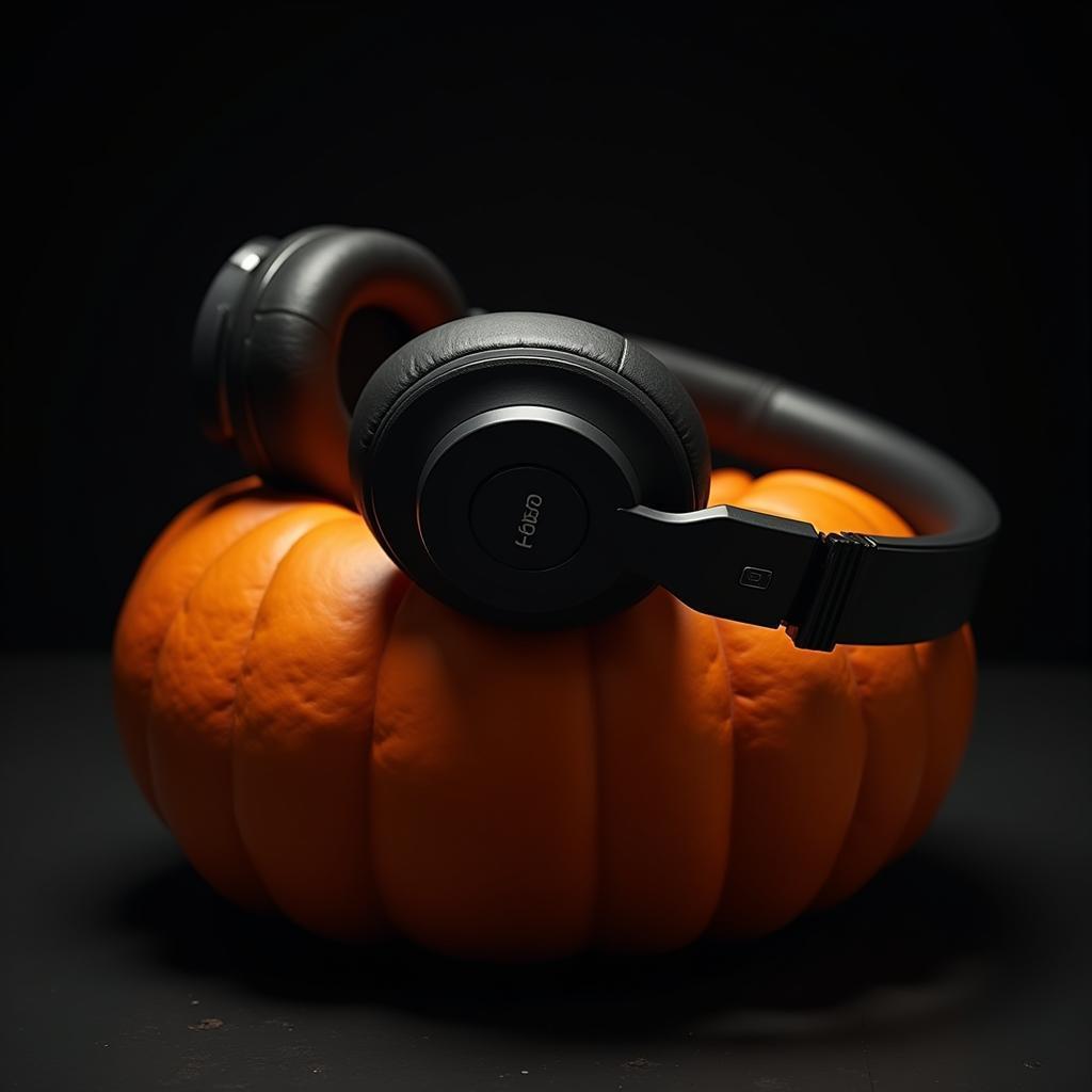 Modern Headphones Resting on a Pumpkin in Cinemascope