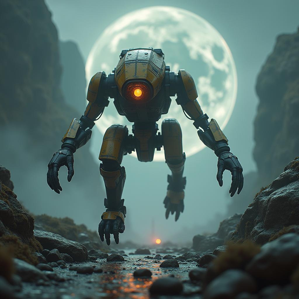 Retro Combat Walker Leaping Across a Moody Rift