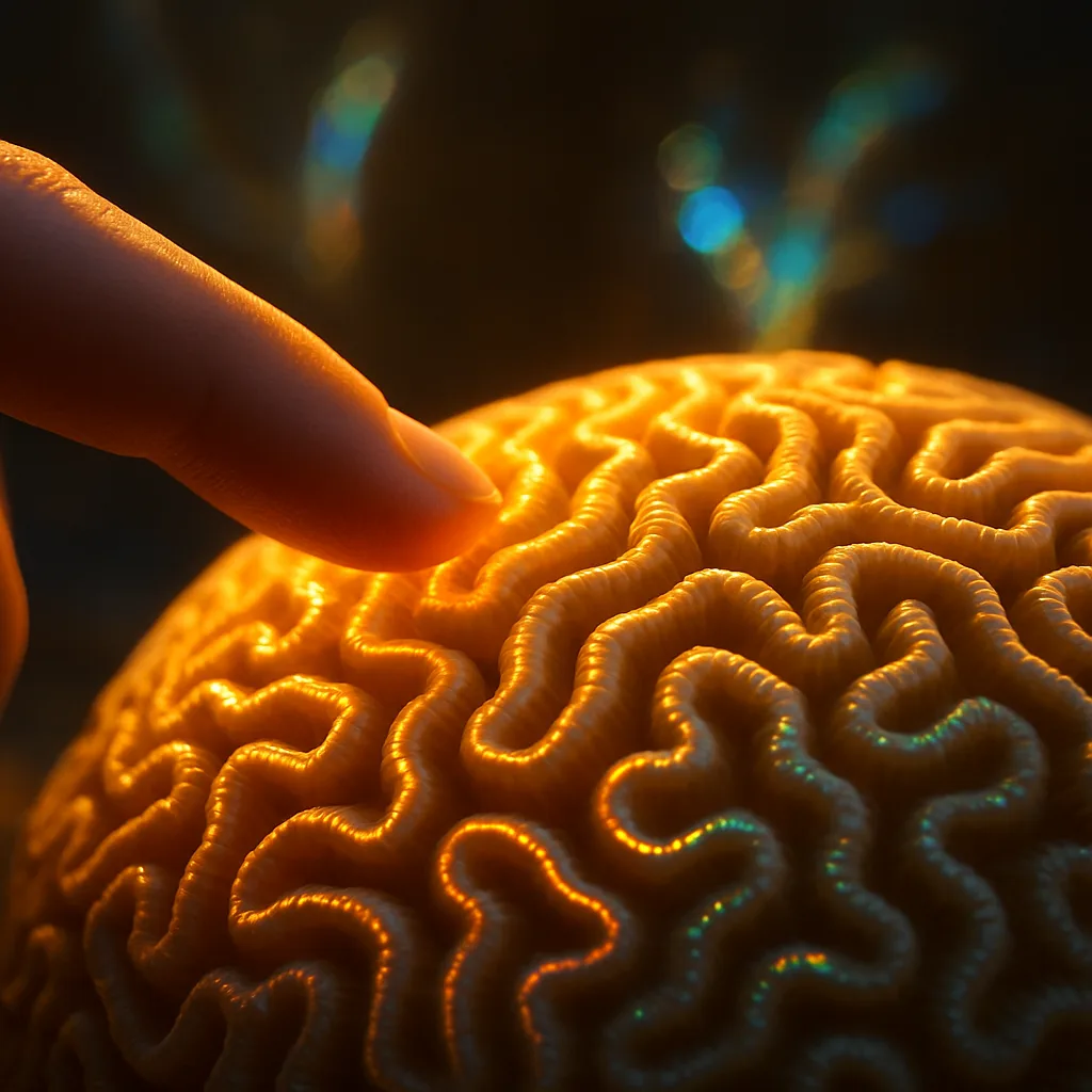 Fingertip Delicately Traces Brain Coral's Intricate