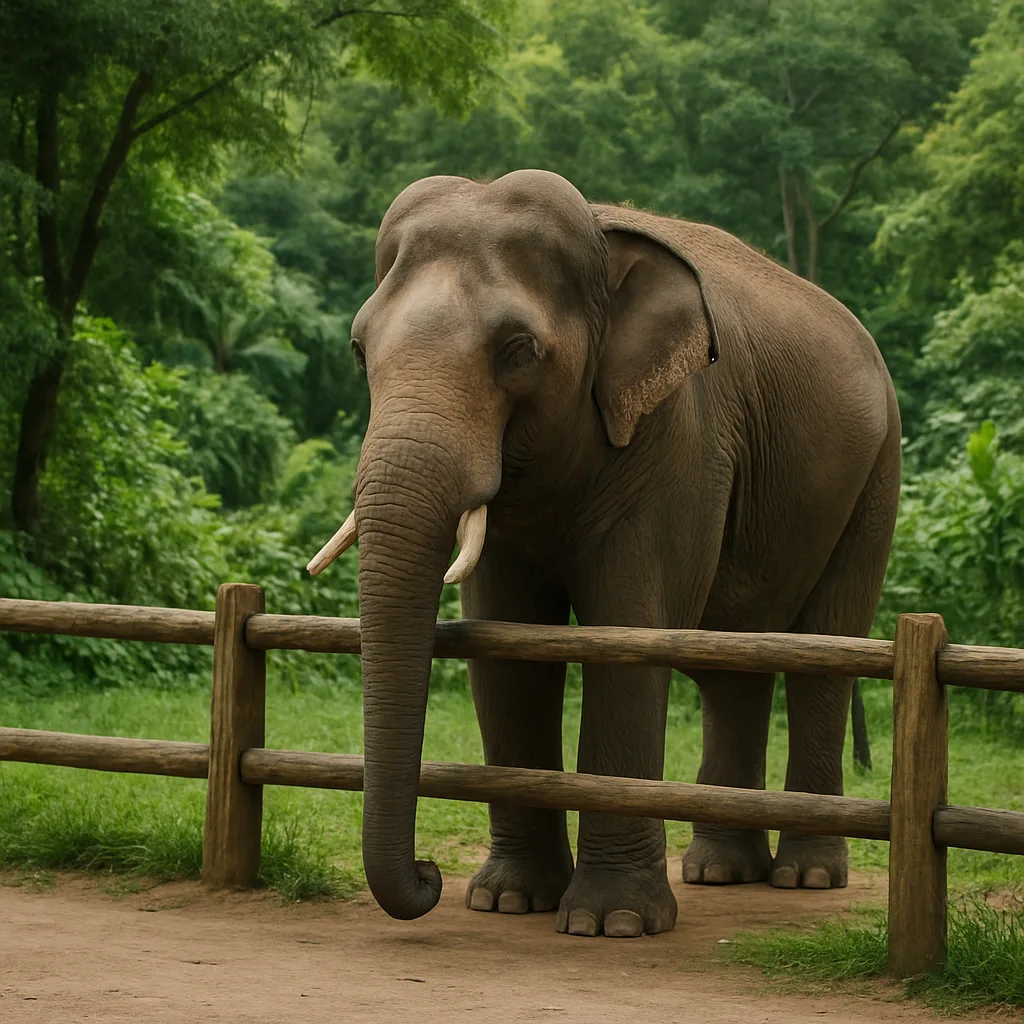 Elephant in Captivity Positioned Beside a Wooden Fence