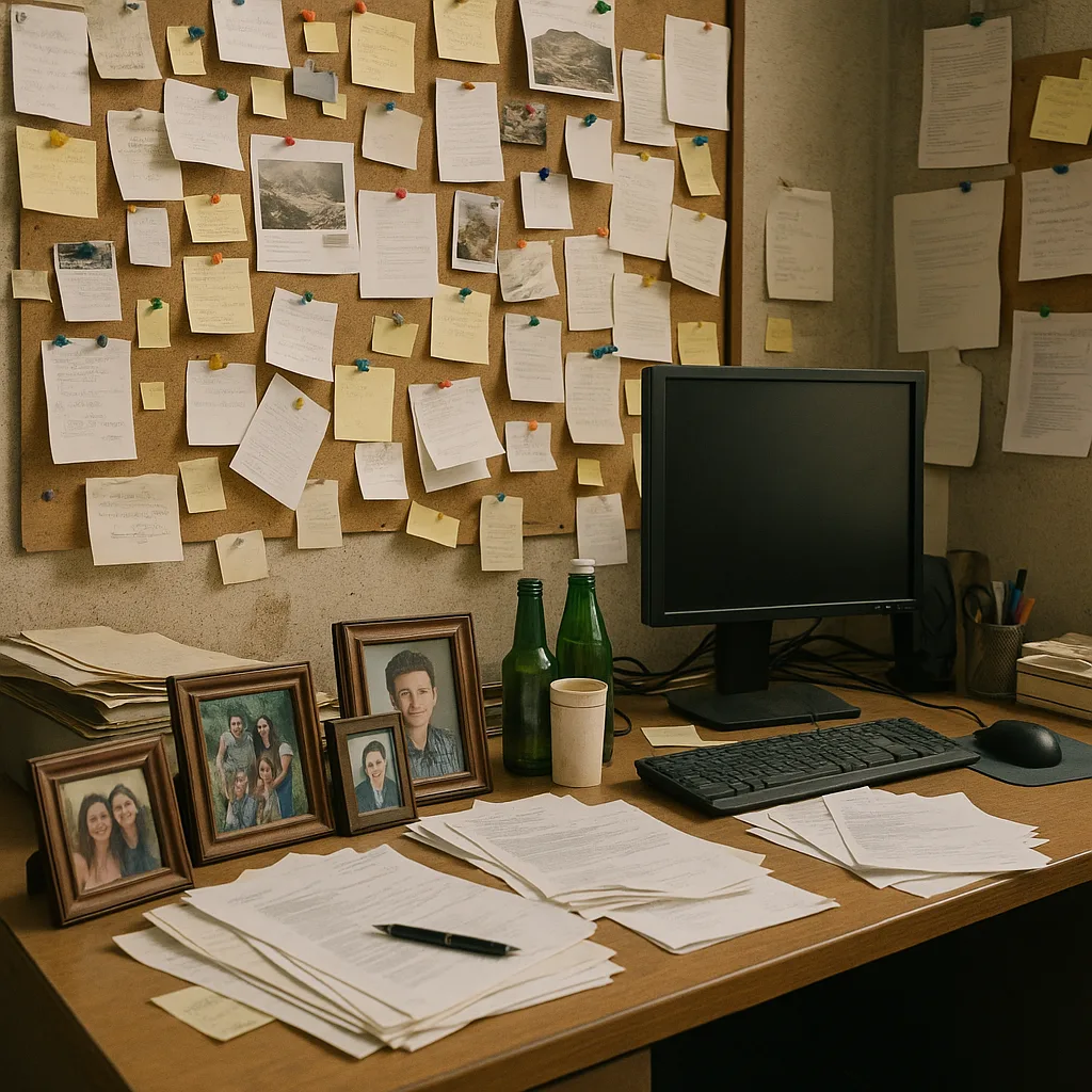 Cluttered Office Workspace with a Desk Displaying Framed Photos