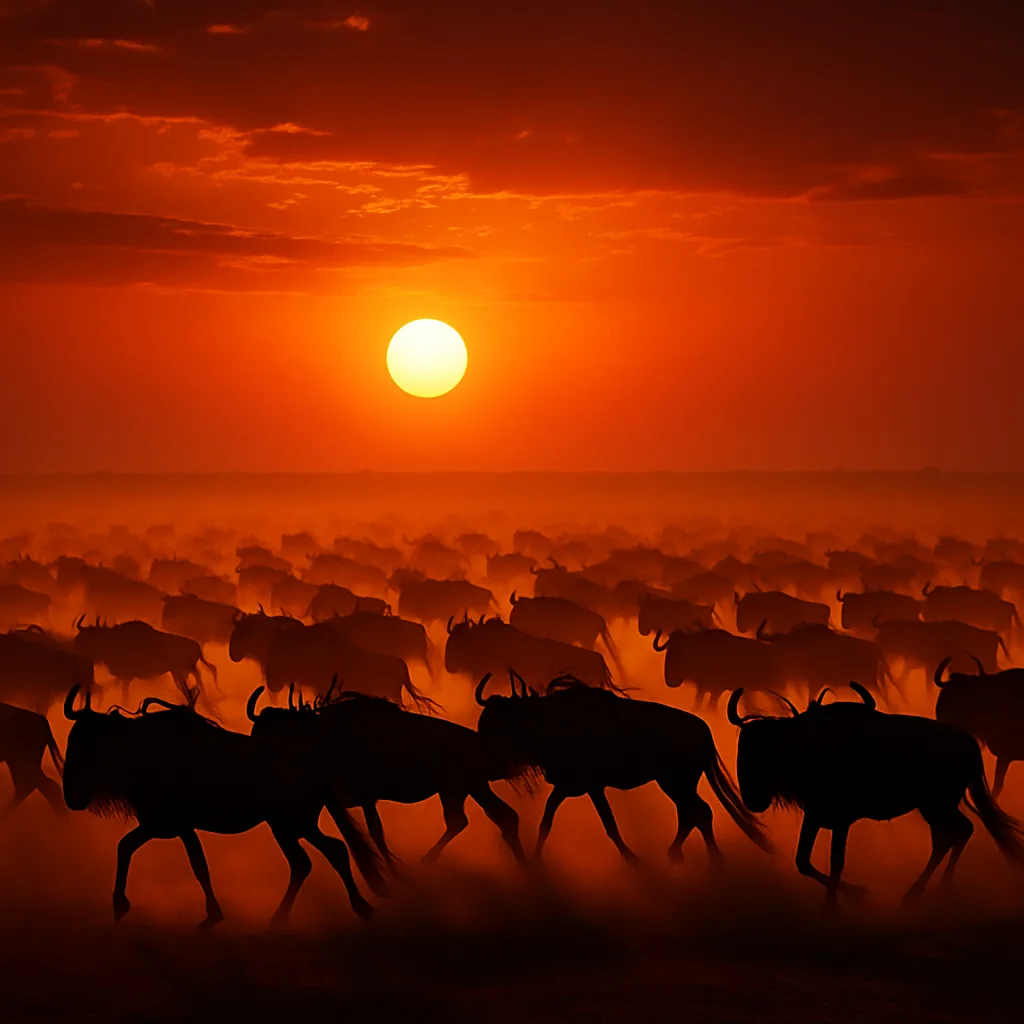 Vast Formation of Silhouetted Wildebeest Thunders Across an Expansive