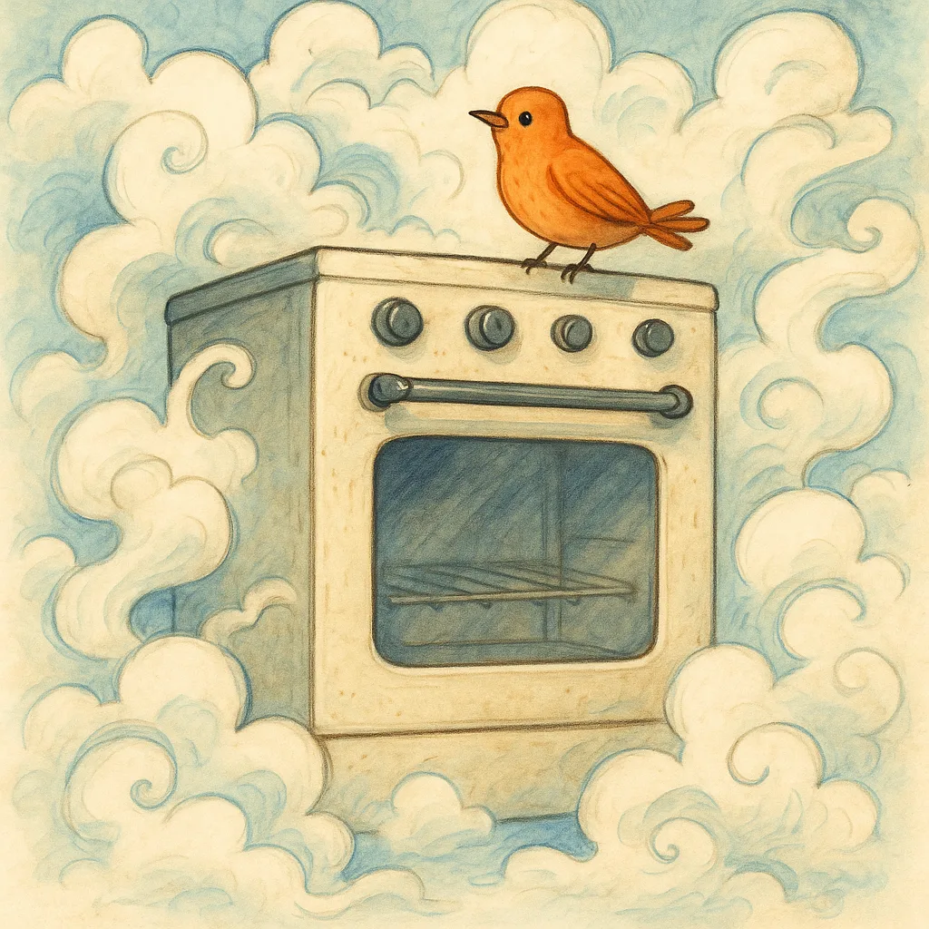 Imaginative Drawing Featuring an Oven Enveloped by Delicate Clouds