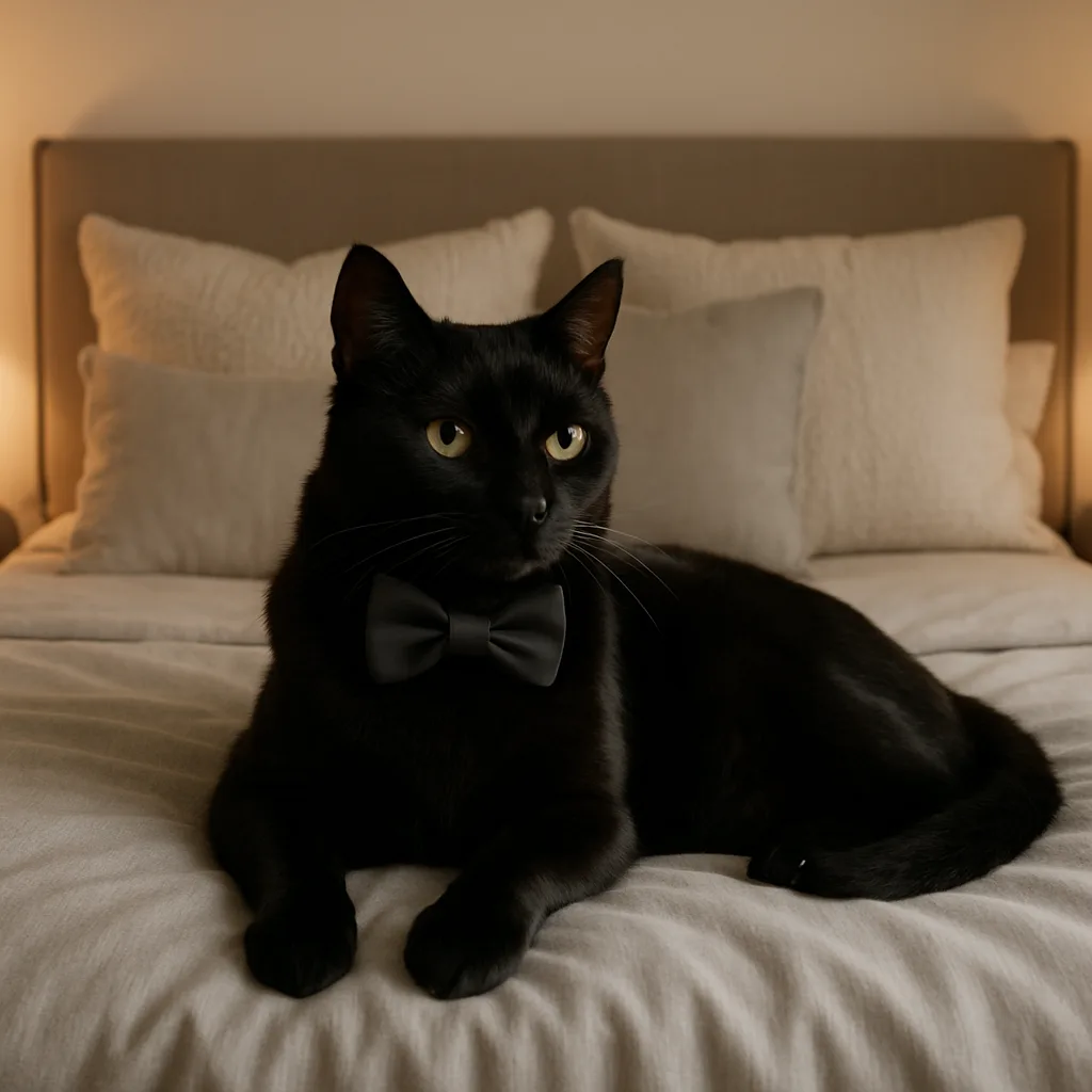 Refined Black Cat Wearing a Stylish Bowtie Lounges Gracefully