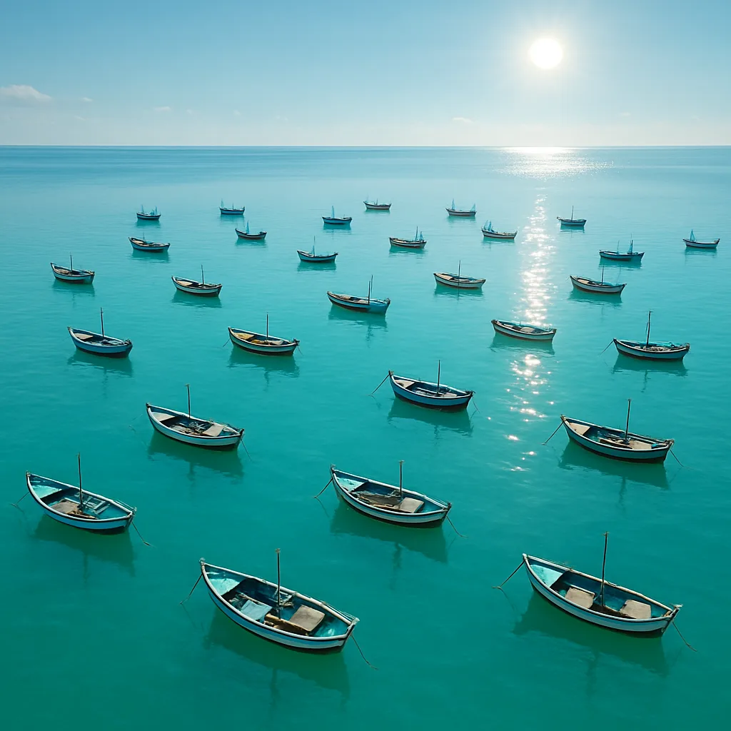 Numerous Tiny Fishing Boats Are Scattered Across an Immense