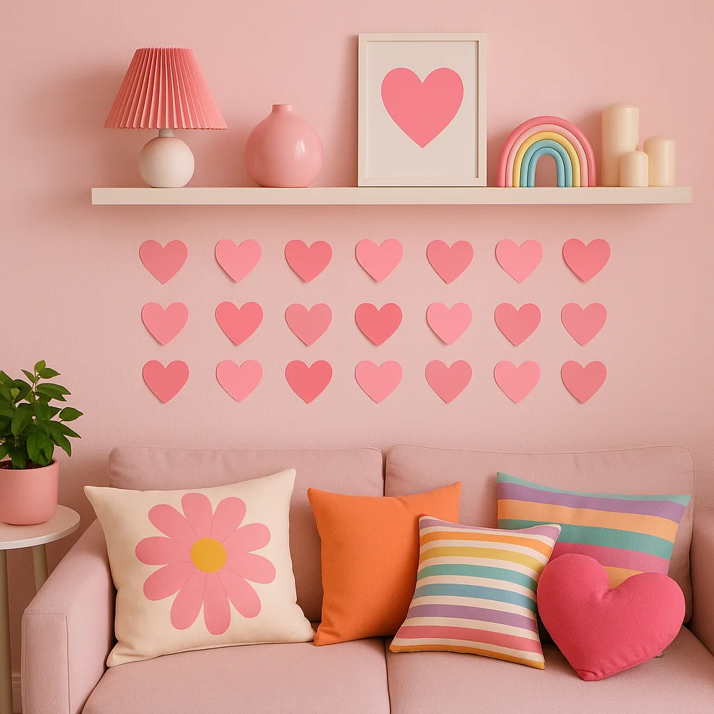 Pink-themed Room with Heart-shaped Sticky Notes on the Wall