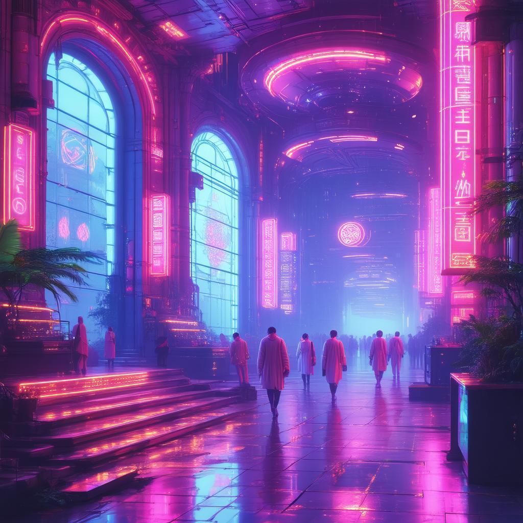 Neon Italian Arcade Alive With Cybernetic Wanderers