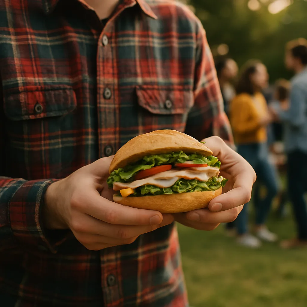 Person in a Plaid Shirt Holding a Sandwich