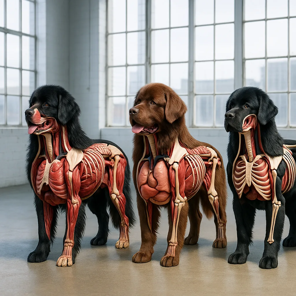 Three Varied Newfoundlands in Cross-sectioned Exploded Views