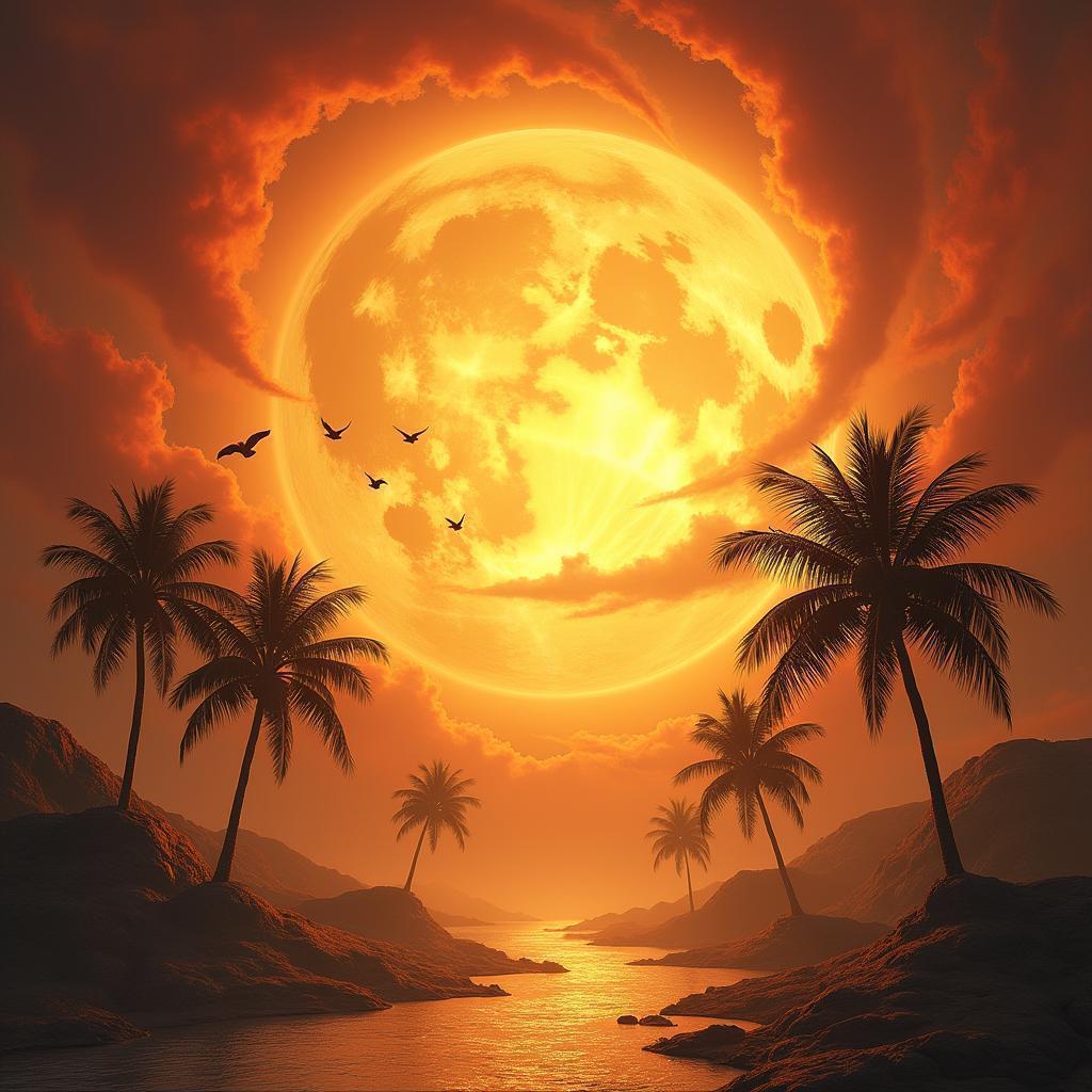 Colossal Golden Sun Crowned by Ancient Palms