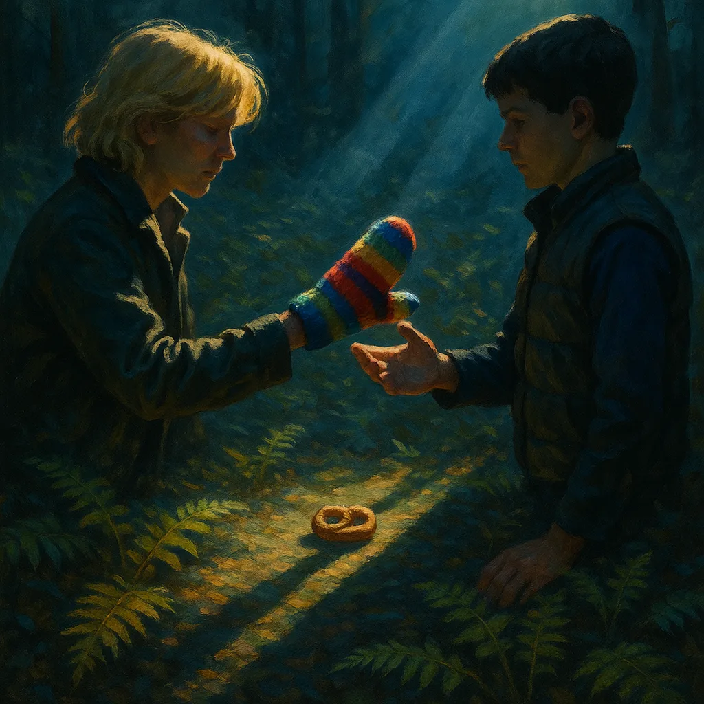 Blonde-haired Figure in a Jacket Offers a Vibrant Multi-colored Mitten