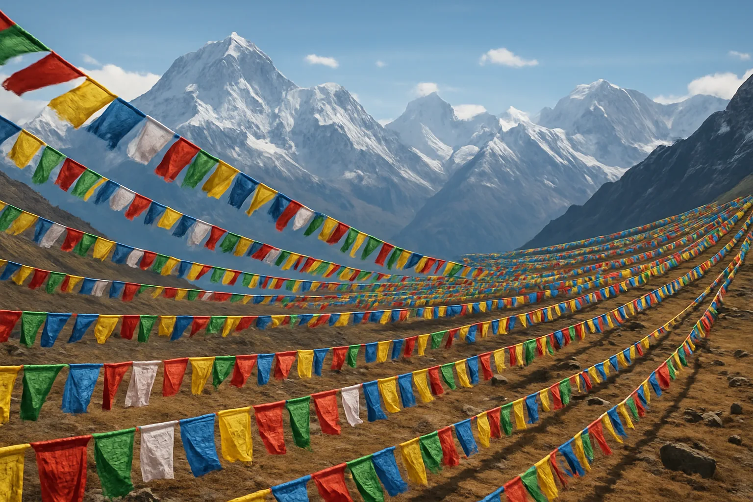 Countless Colorful Prayer Flags Stretch in Long Lines