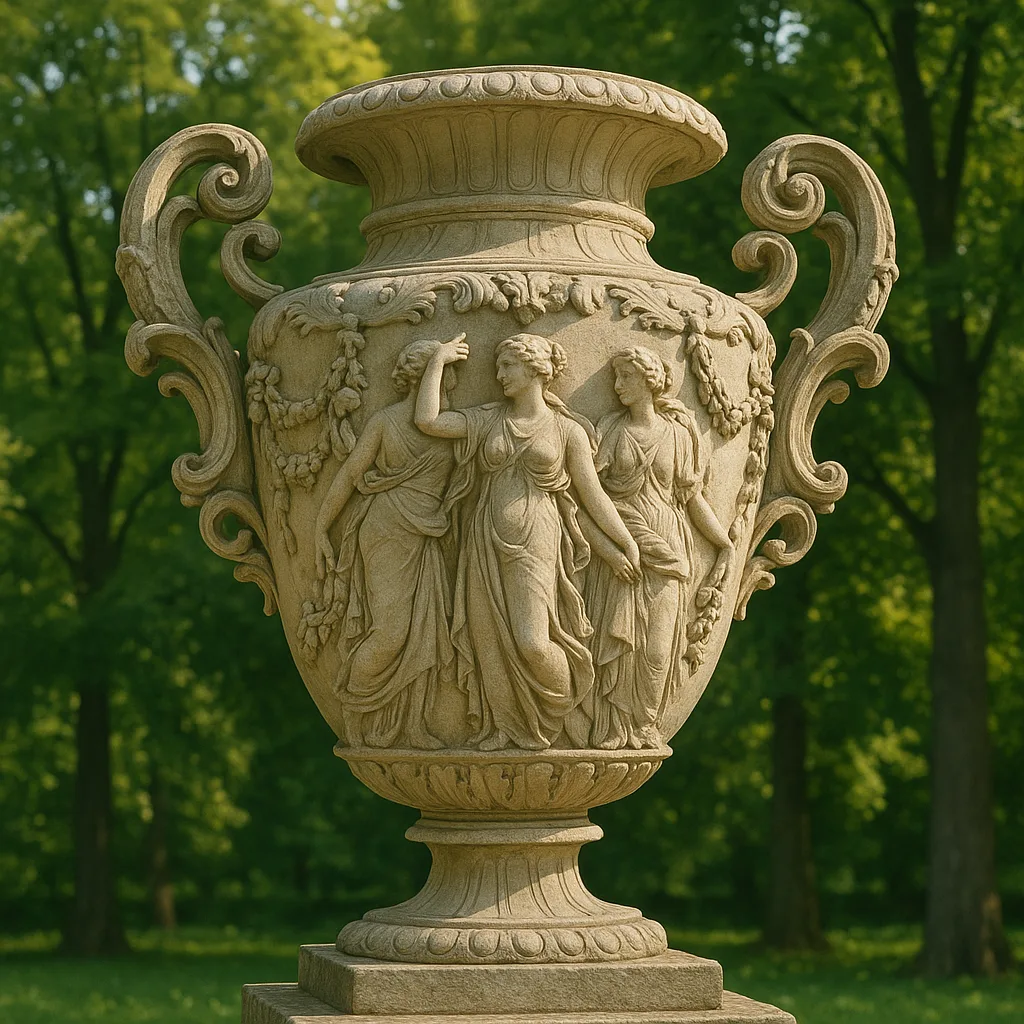 Ornate Stone Vase with Intricate Sculpted Figures and Decorative Handles