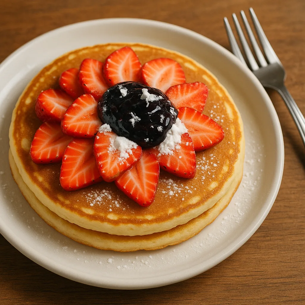 Two Pancakes Topped with Sliced Strawberries