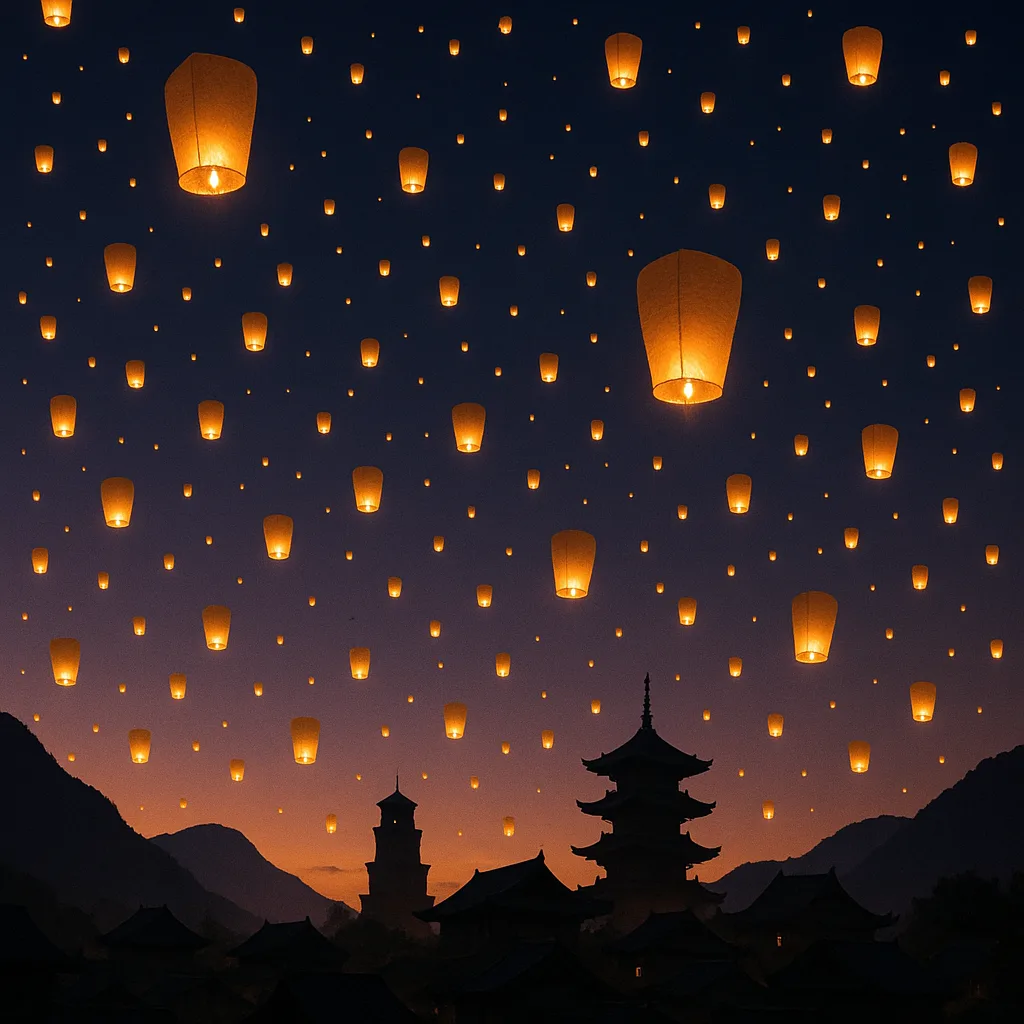 Multitude of Glowing Lanterns Ascends into the Twilight Sky