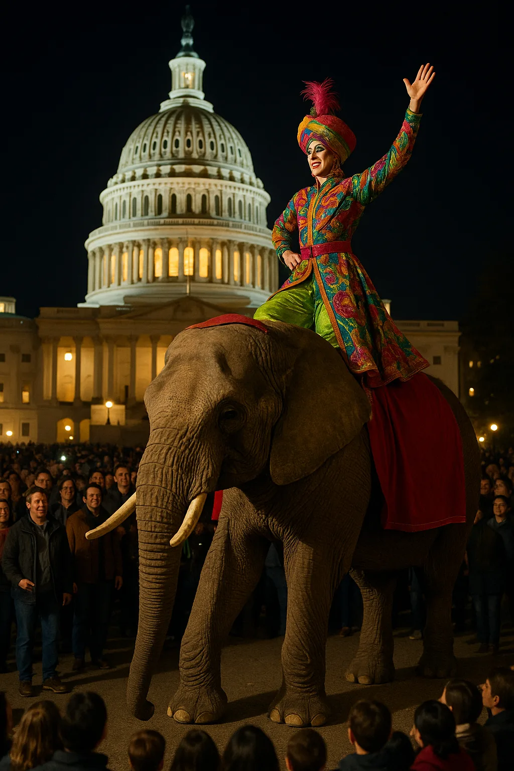 Performer Dressed in Vibrant Attire Rides an Elephant