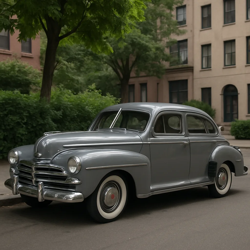 Classic Gray Vintage Car Parked on a Street near Greenery