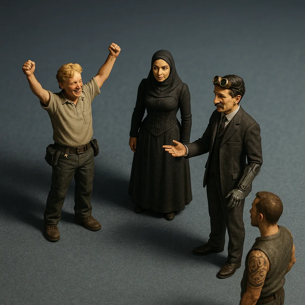 Four Figures Interact Within a Vast Empty Expanse