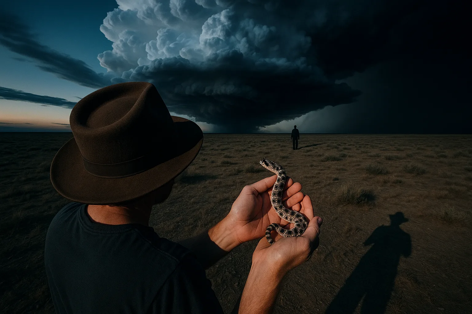 Fedora-topped Caregiver Presents a Small Hognose Snake to a Distant