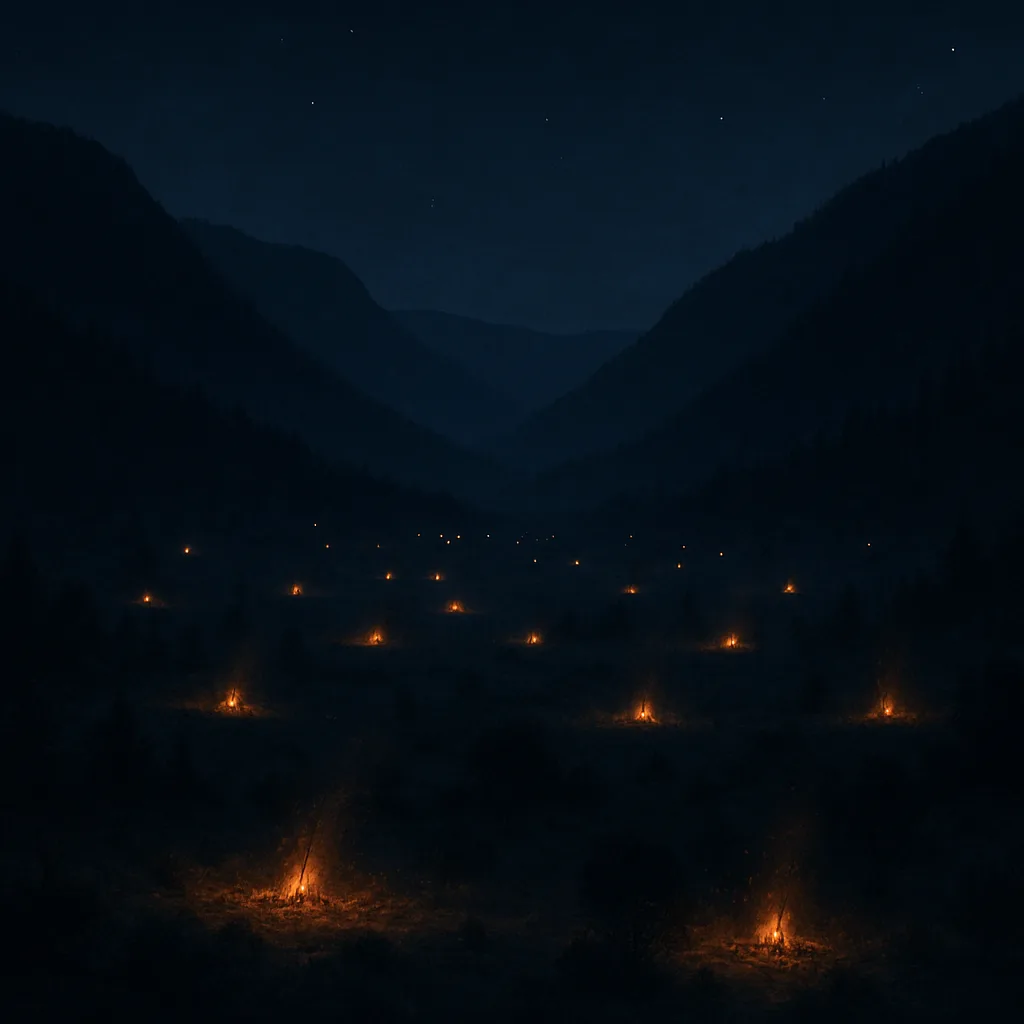 Numerous Distant Campfires Flicker Like Scattered Stars Across a Vast