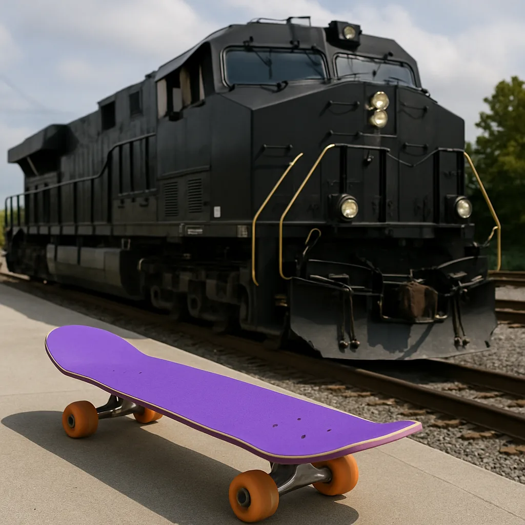 Contemporary Black Locomotive Alongside a Purple Skateboard