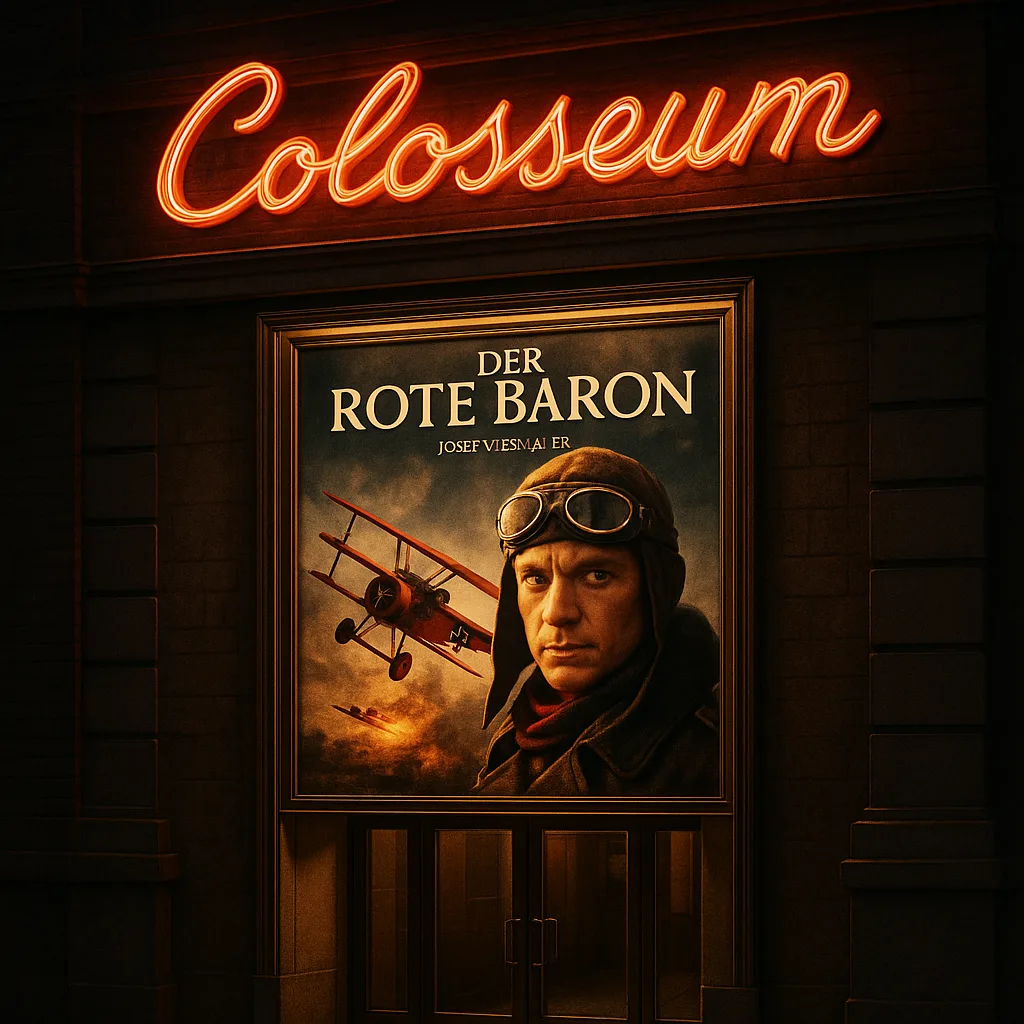 Cinema Entrance with "Colosseum" Written in Cursive Neon Letters