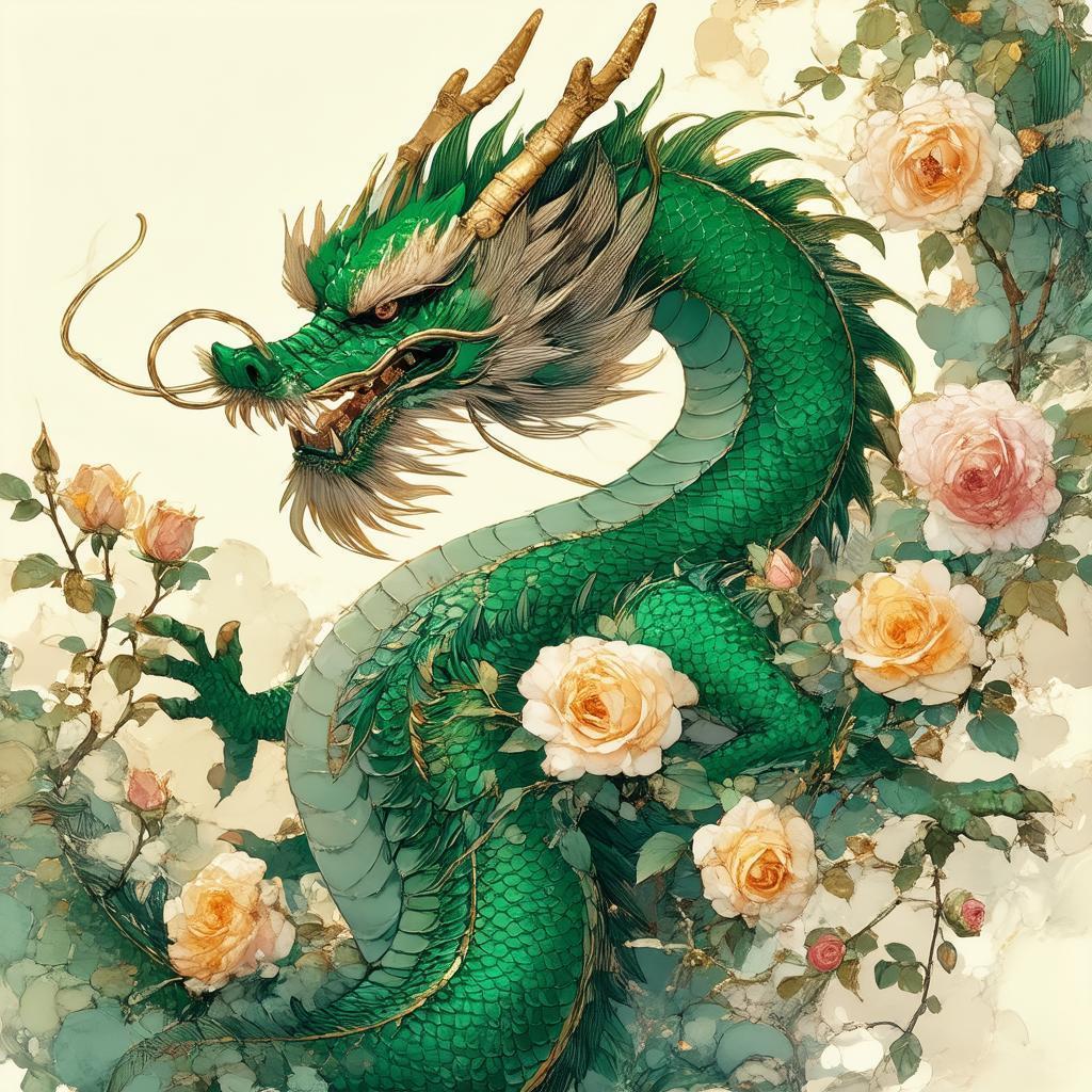 Green Dragon Entwined With Rosebuds in Editorial Linework