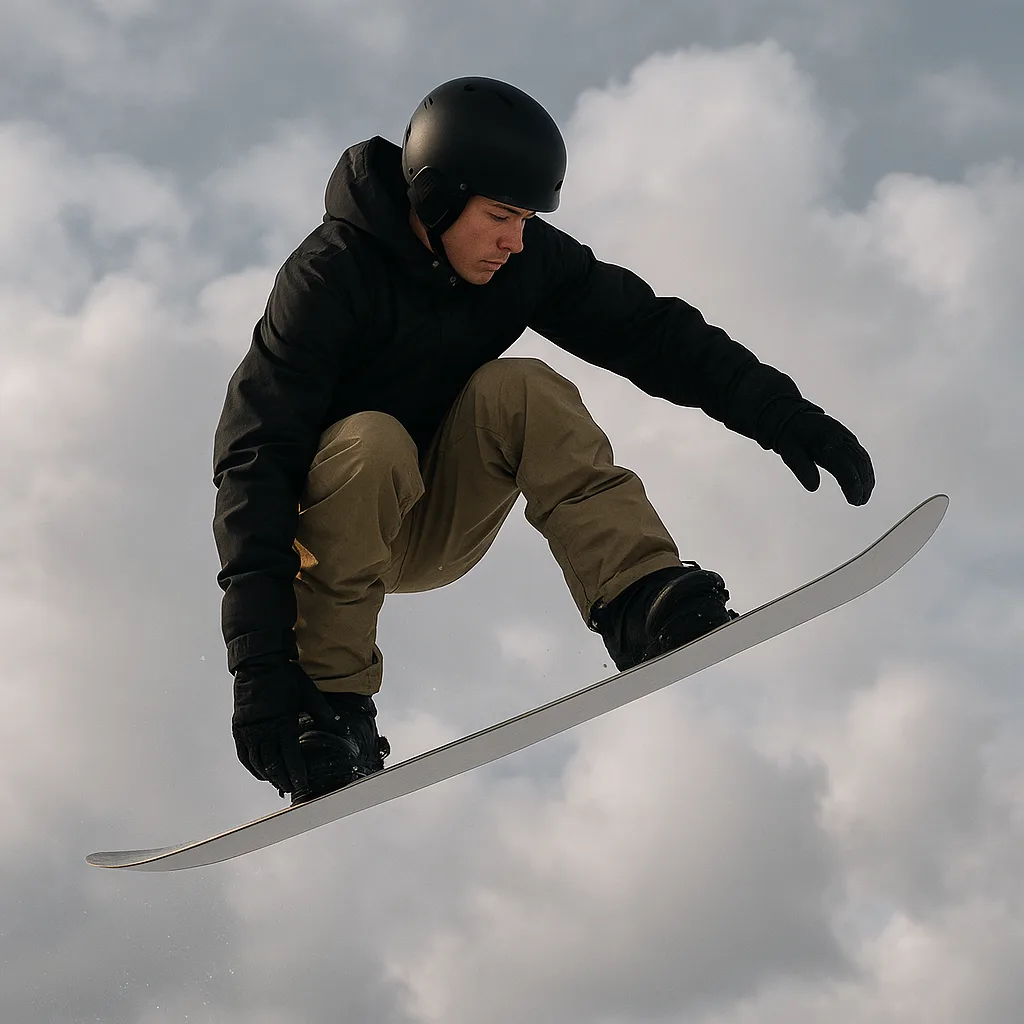Person Wearing a Helmet Performs an Airborne Snowboard Trick