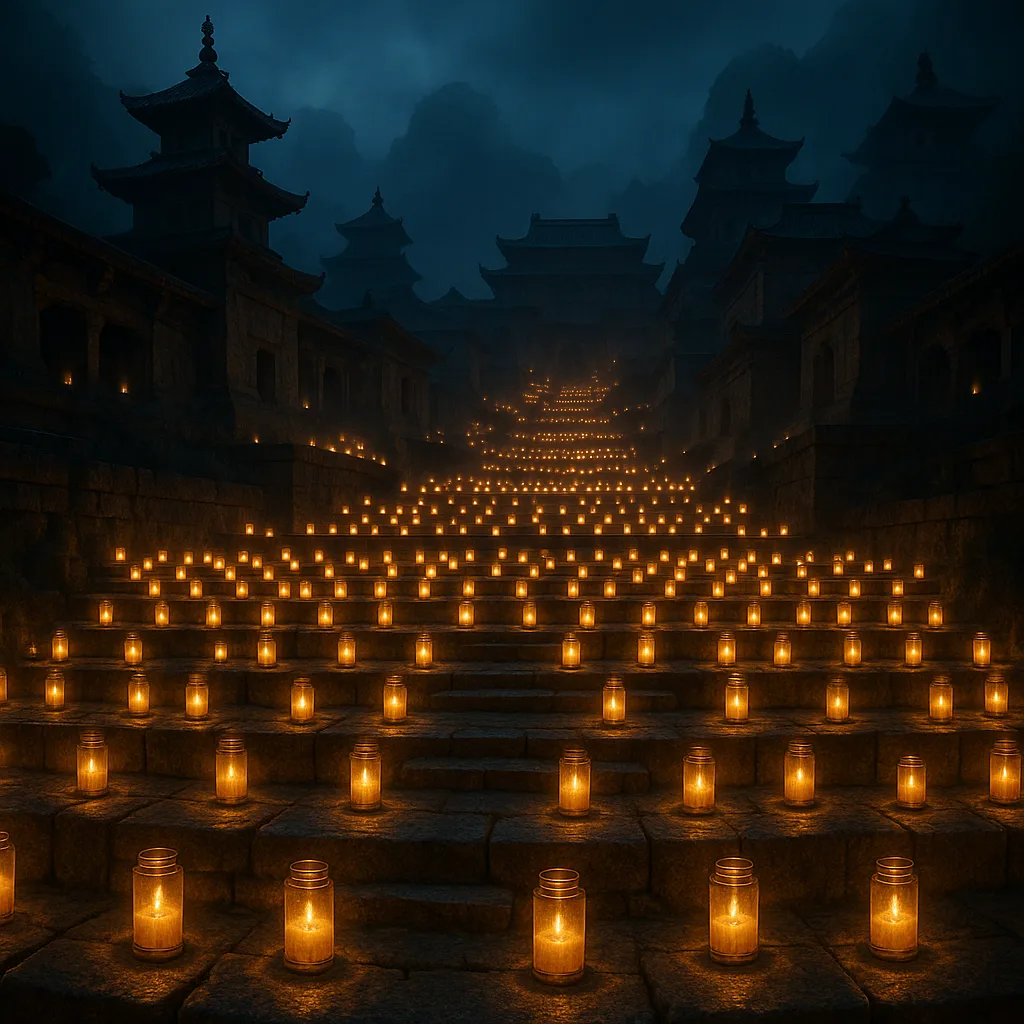 Countless Glowing Prayer Candles Illuminate the Stone Steps