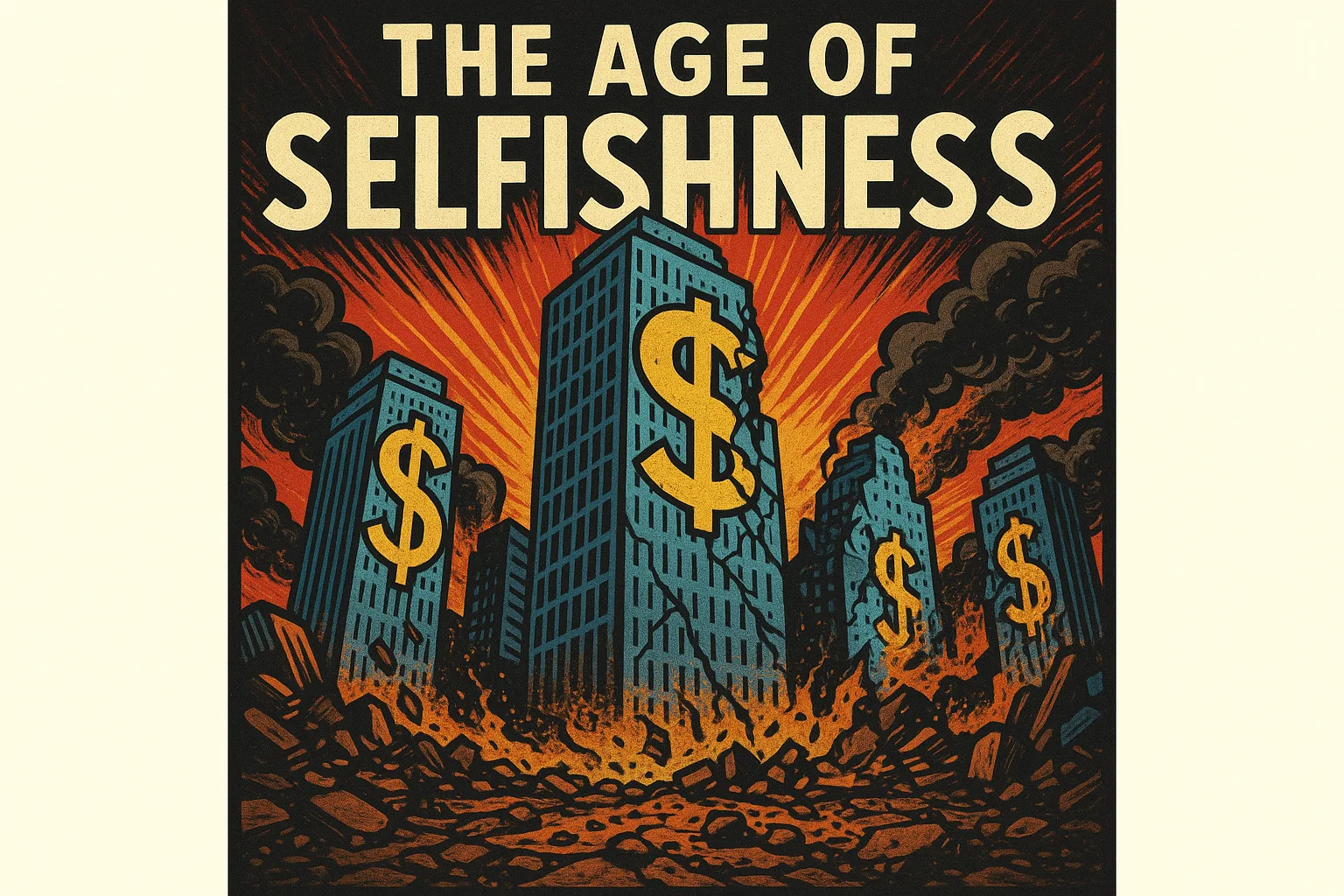 Vibrant Cover Depicting Skyscrapers with Dollar Signs and Destruction