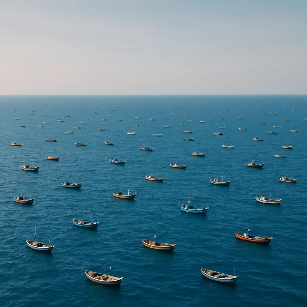 Numerous Tiny Fishing Boats Are Scattered Like Confetti