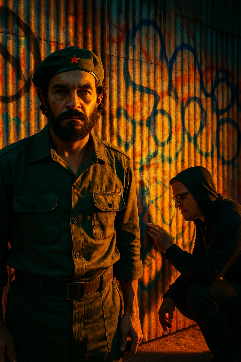 Figure Reminiscent of a Tropical Revolutionary Leader Engages the Viewer