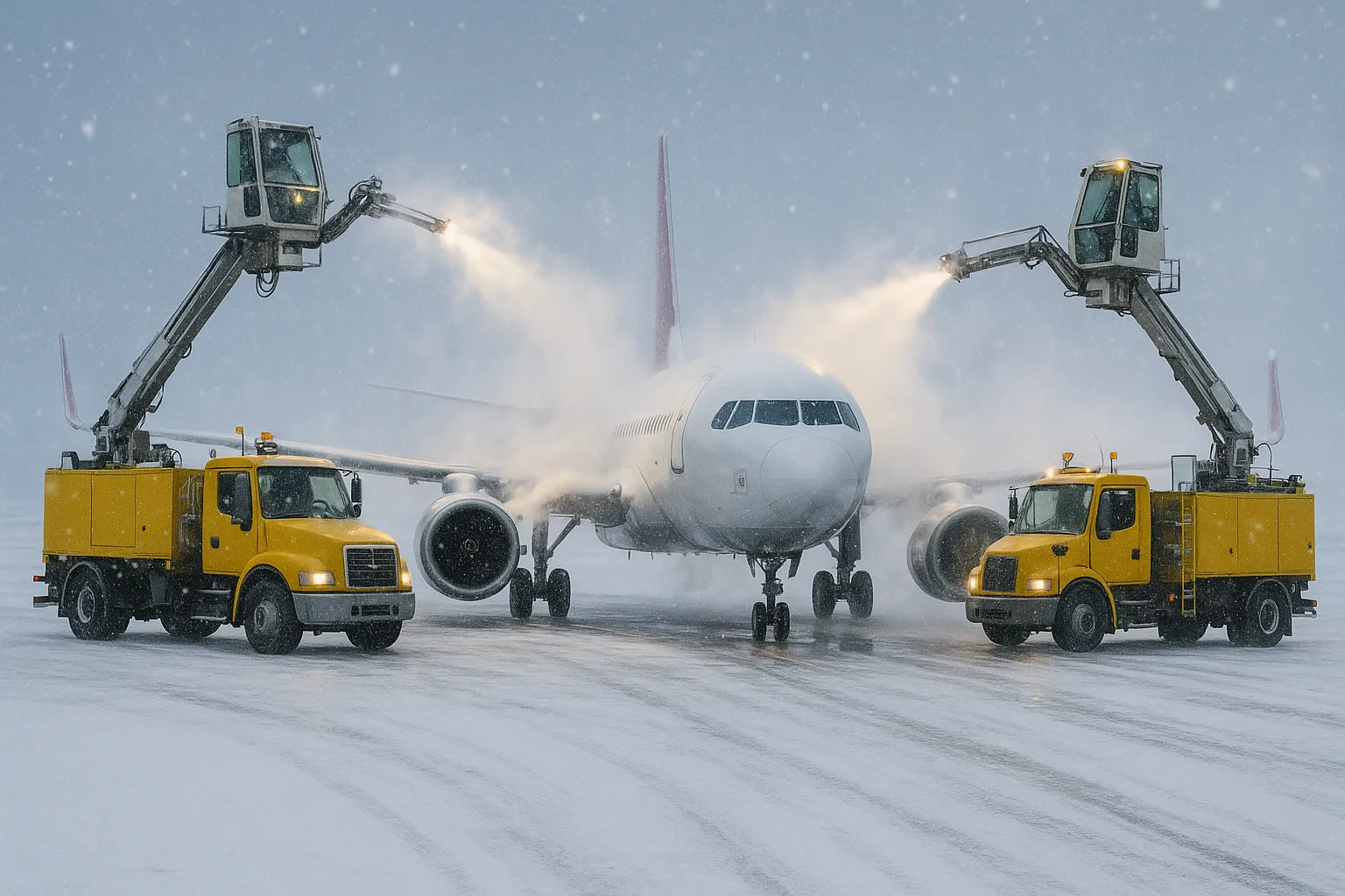 Two Deicing Trucks Spray a Passenger Airplane During Snowy Weather