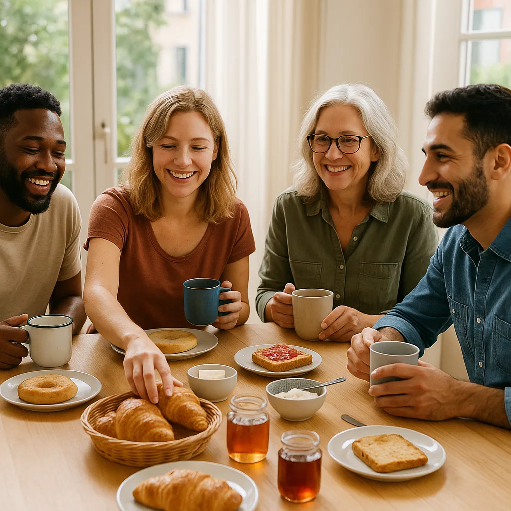 Group of People Enjoying Breakfast at a Table Set