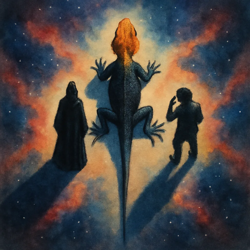 Two Diminutive Villainous Figures—one a Tall Silhouette in Ceremonial-like Robes
