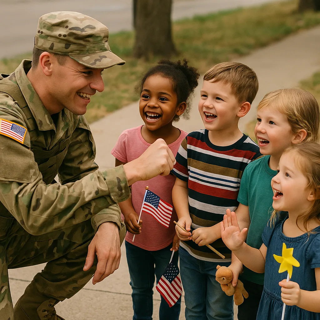 Soldier in Uniform Crouches Down to Interact