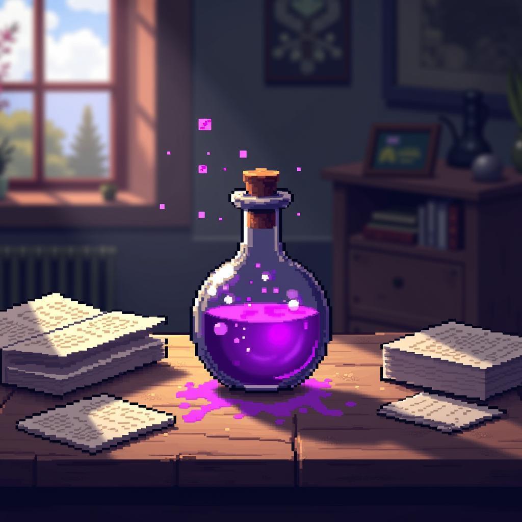Pixel Purple Potion Glowing on a Cluttered Desk