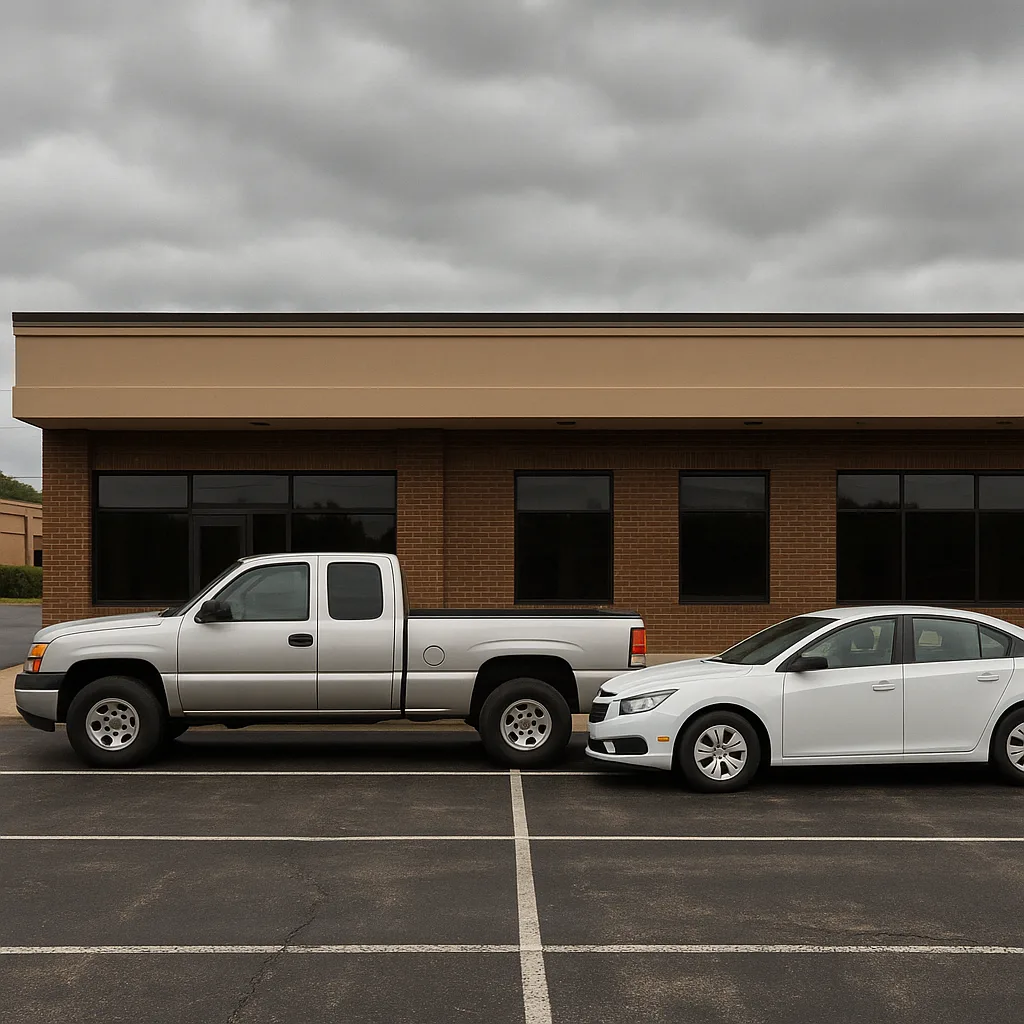 Parking Lot with a Silver Pickup Truck